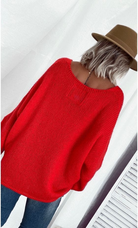 Pull Mady Oversize Rouge Hearts Blanc Cassé