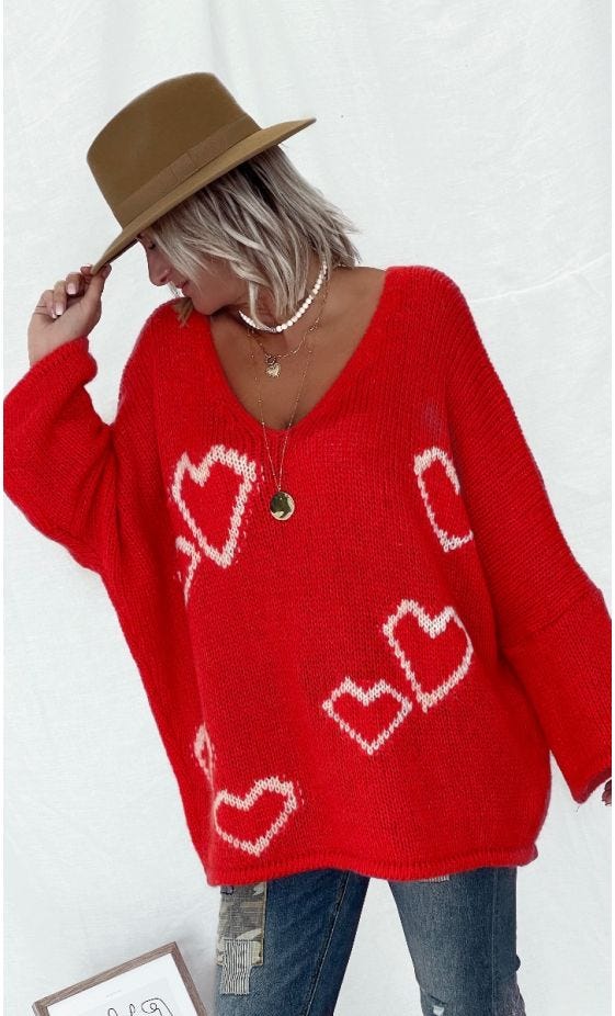 Pull Mady Oversize Rouge Hearts Blanc Cassé