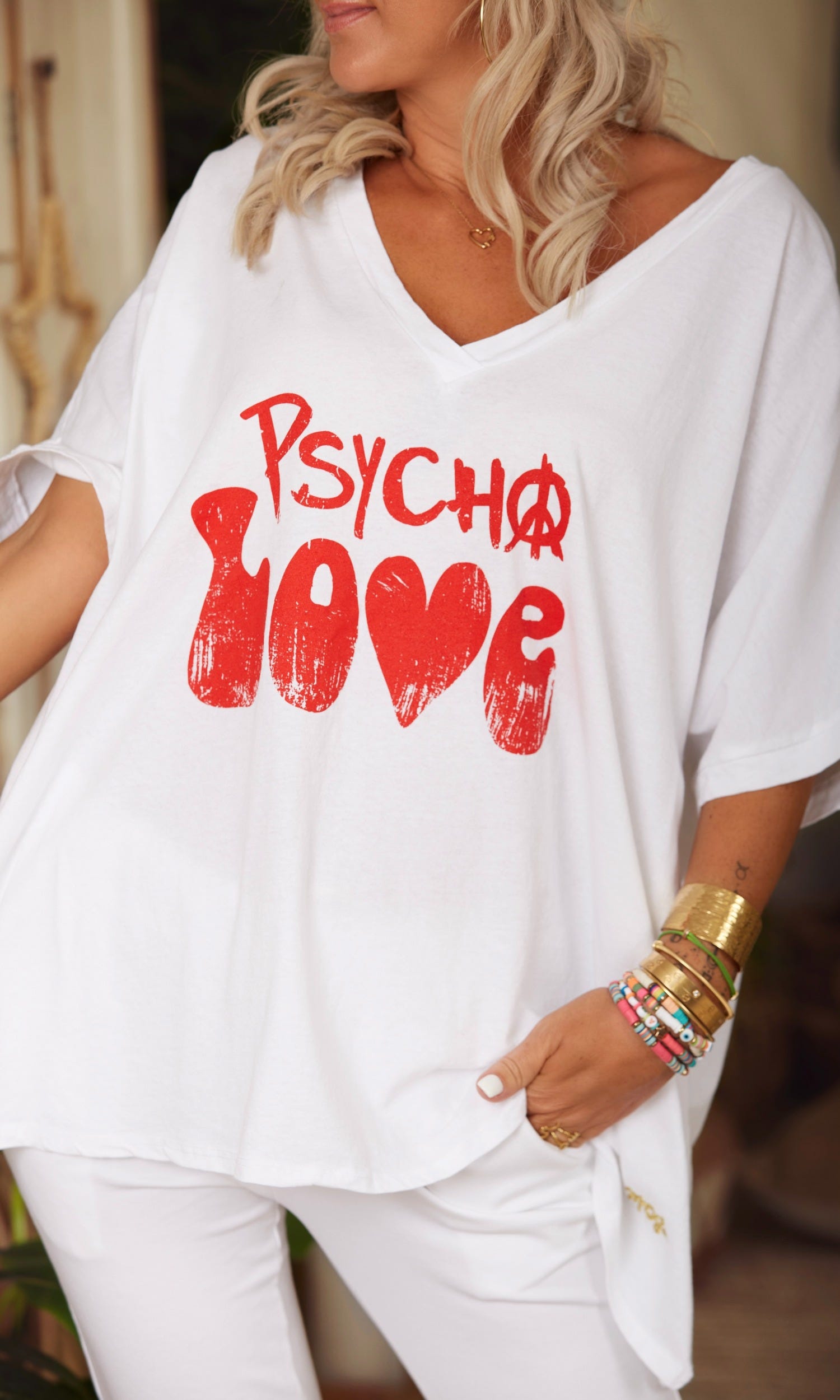 T-Shirt Iloé Court Oversize Blanc Psycho Love Rouge